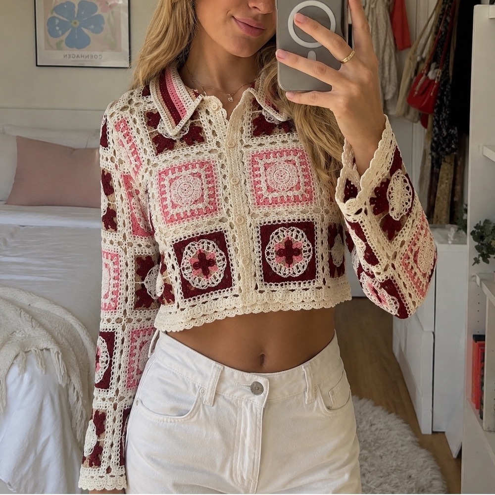 Granny Square Crochet Cardigan Pink Burgundy Patchwork Boho Sweater Cropped L